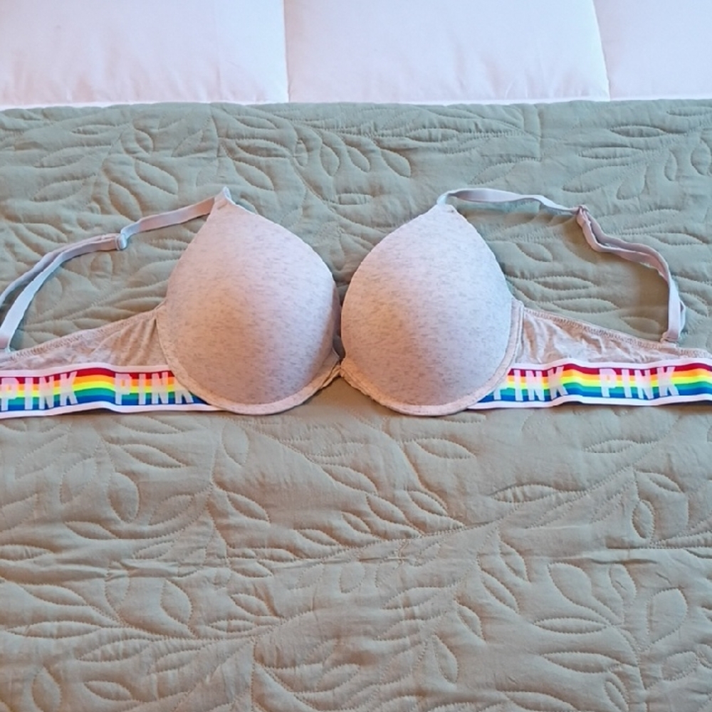 PINK Victoria's Secret Heather Gray Bra with Colorful Band